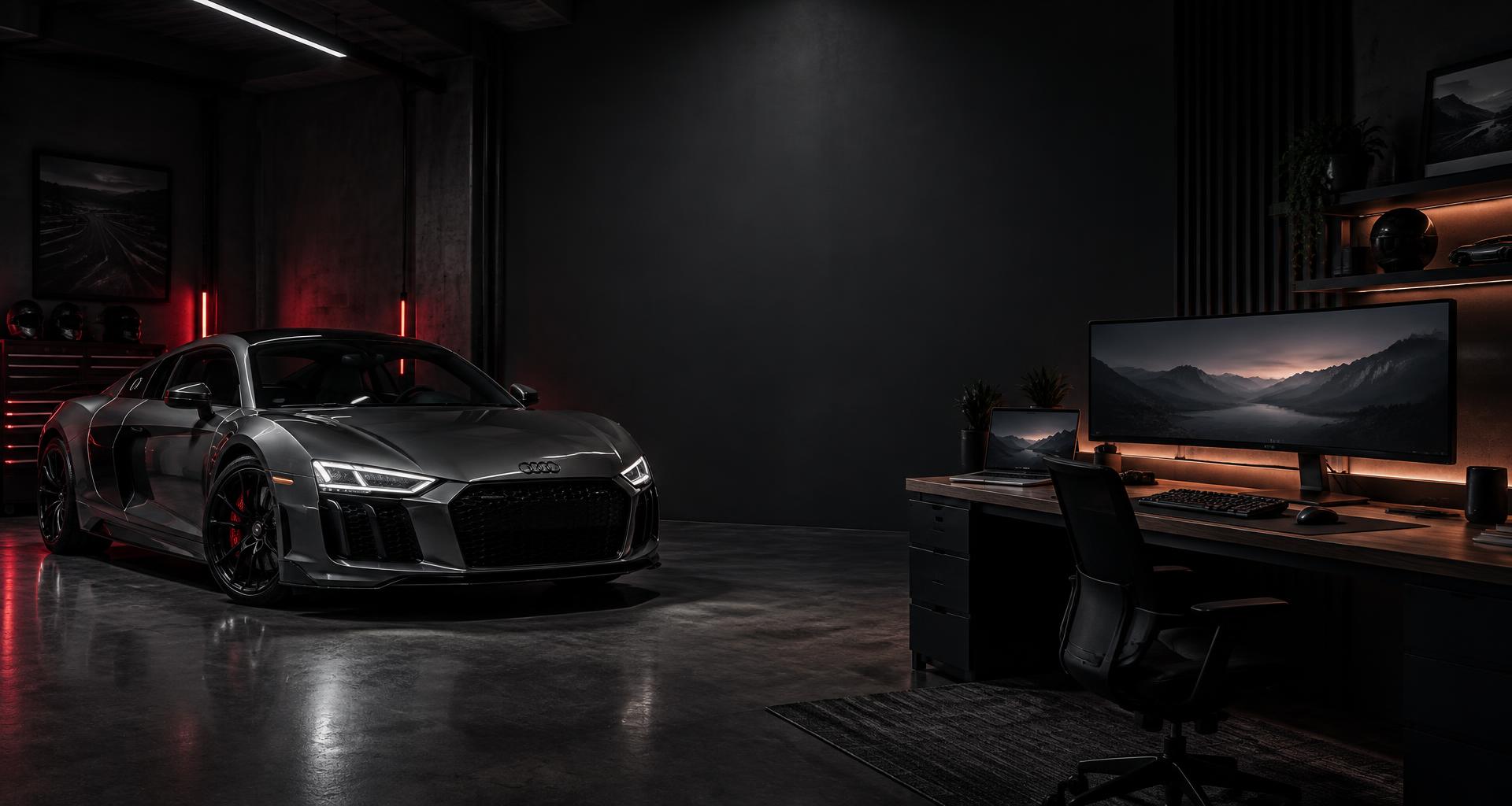 Audi R8 in a garage beside a desk setup